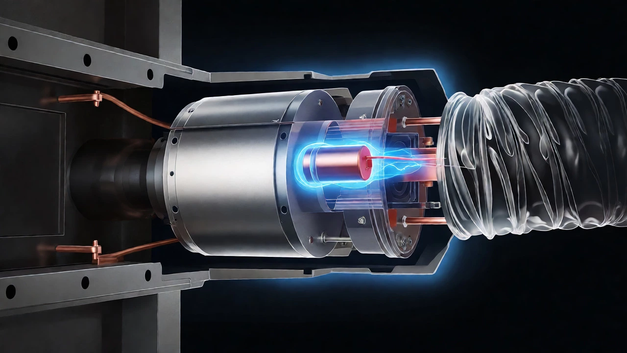 Cross-section of a fan motor highlighting the capacitor and ducting.
