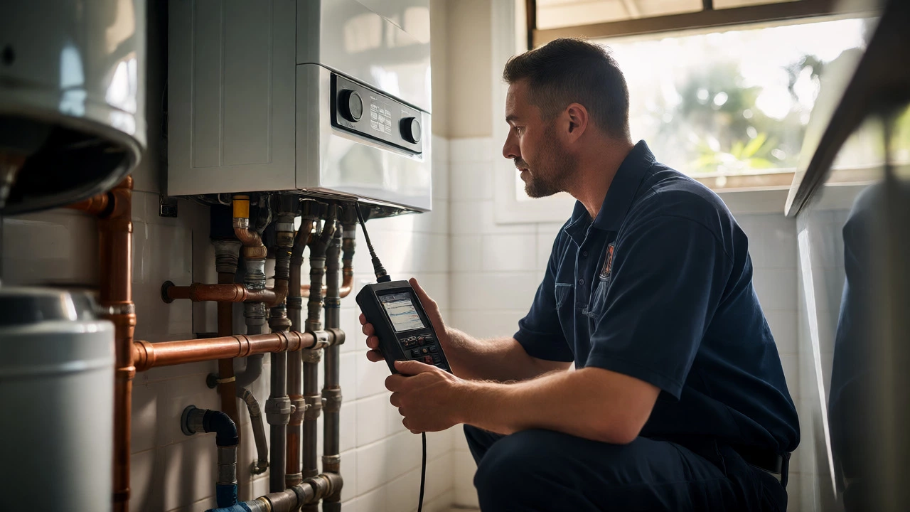 Gas fitter testing boiler flue emissions with an analyzer