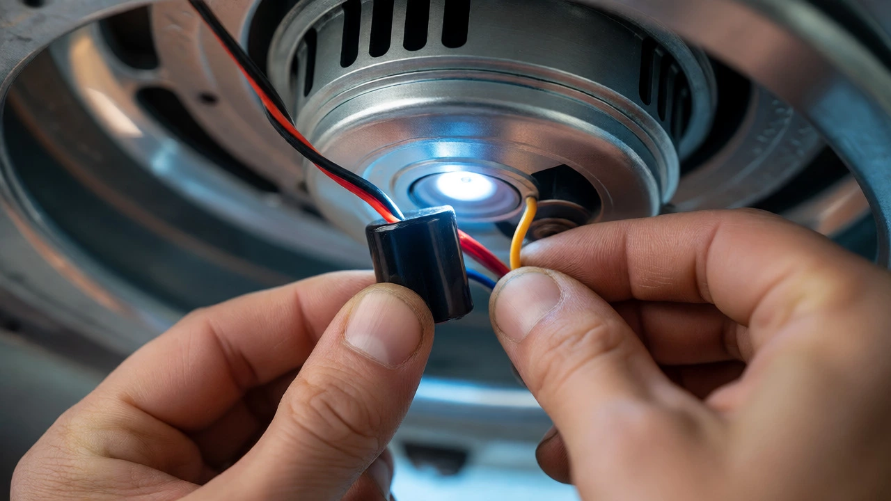 Hands repairing an extractor fan motor by replacing a capacitor component.