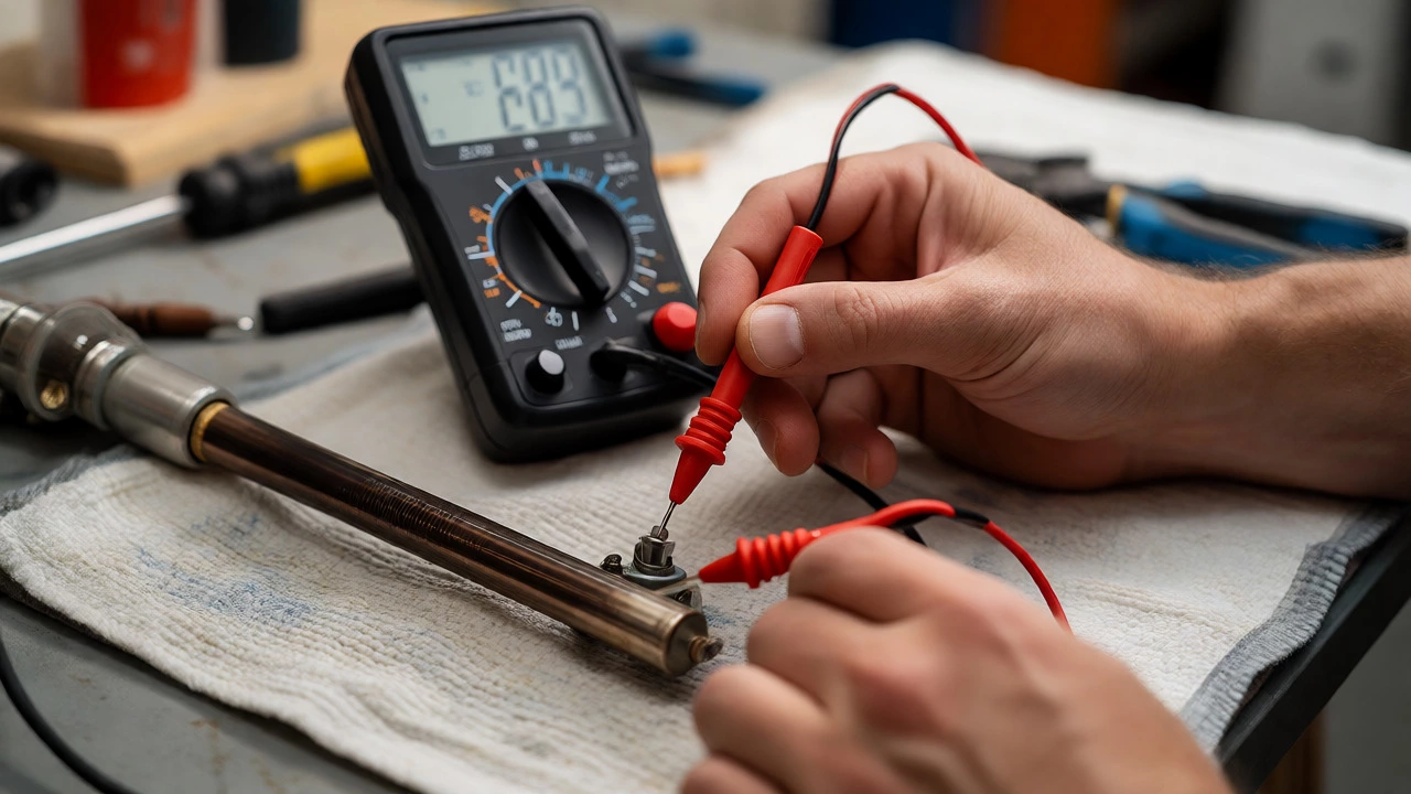 Hands testing a water heater element with a multimeter