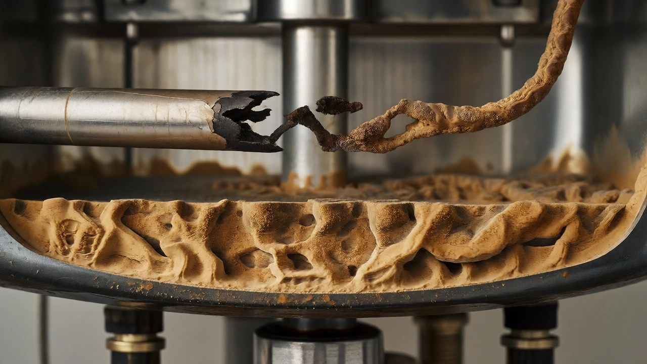 Macro view of heavy mineral sediment buildup and a corroded anode rod inside a tank.