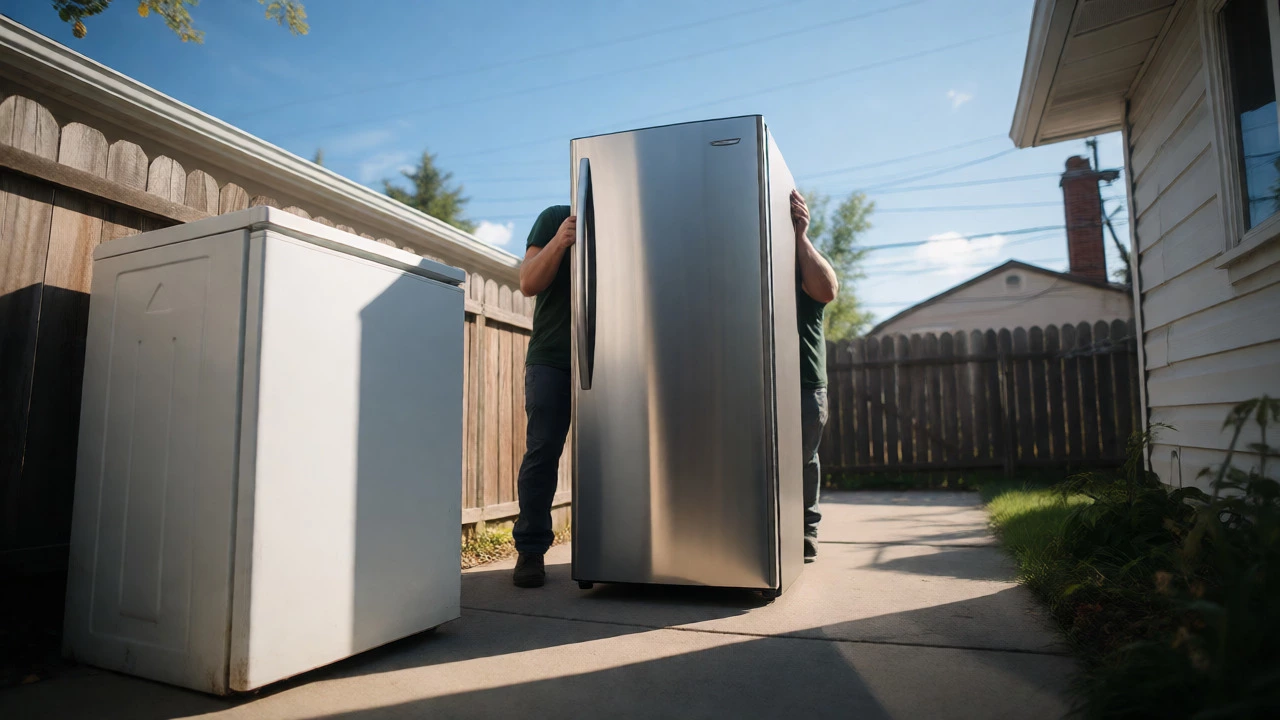 New modern freezer delivery replacing an old bulky unit in a backyard