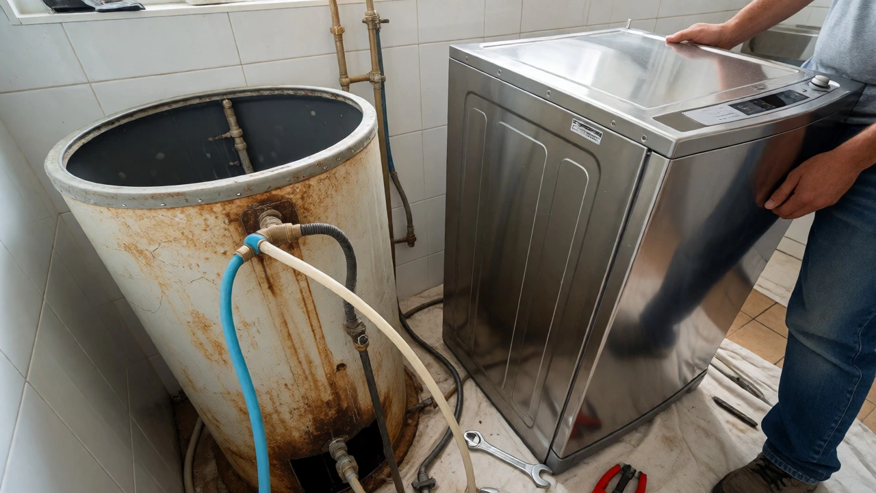 Plumber replacing old rusty hot water tank with new unit