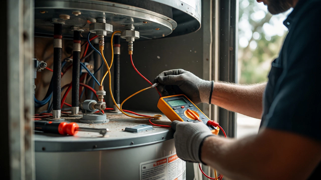 Plumber using multimeter to diagnose hot water heater electrical fault