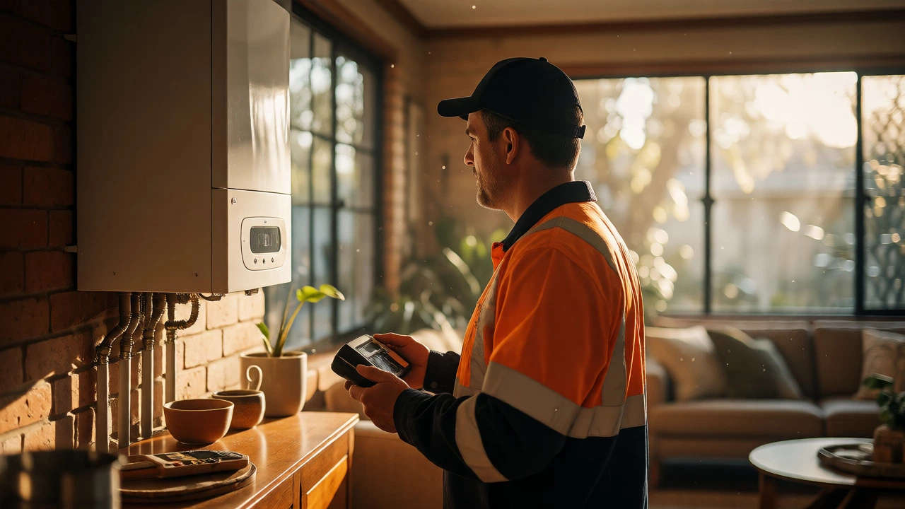 Professional heating engineer inspecting a modern boiler in a sunlit, comfortable Brisbane living room.