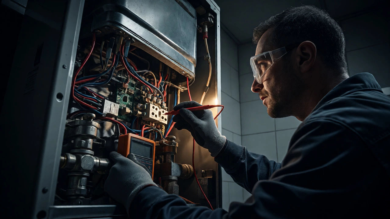 Professional technician inspecting internal boiler components