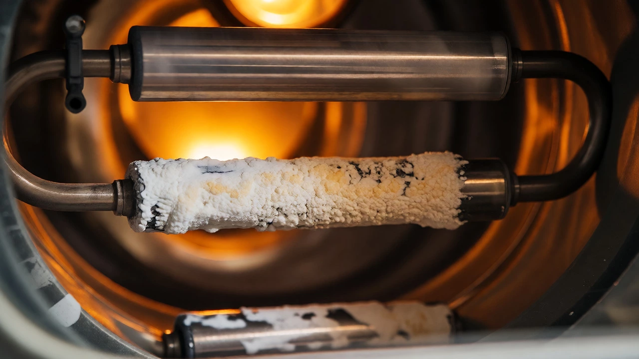Sediment-covered heating element inside a water heater tank