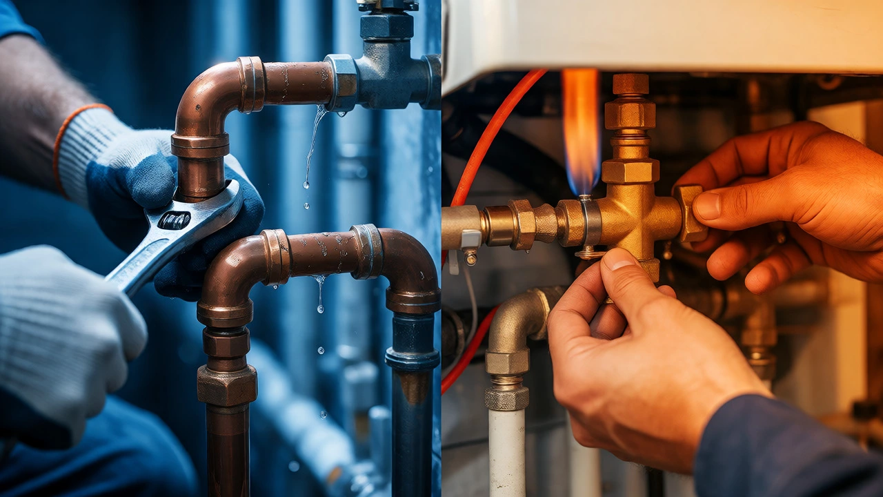 Split image comparing a plumber fixing water pipes in blue tones with a gas fitter servicing gas components in orange tones.