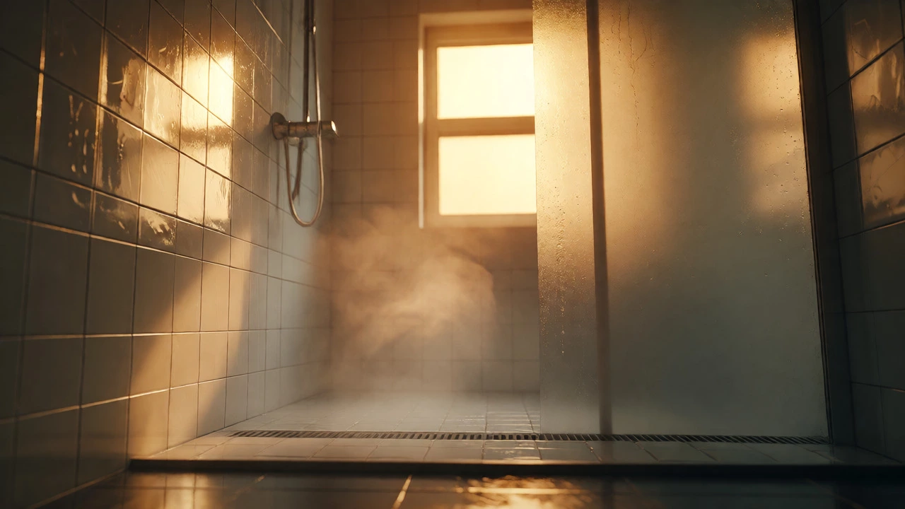 Steamy shower stall with warm light indicating successful hot water restoration